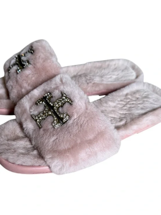 Tory Burch Pink Fur Slide Sandals with Crystal Logo - Picture 3 of 5